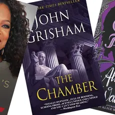 Three books: Finding Oprah's Roots by Henry Louis Gates, Jr., The Chamber by John Grisham, and The Color Purple by Alice Walker