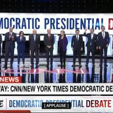 A screenshot of CNN during the Democratic Presidential Debate in October 2019 showing all of the candidates.