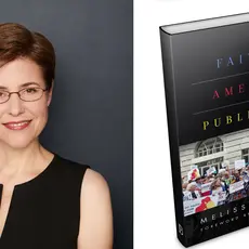 A headshot of Melissa Rogers next to an image of her book, Faith in American Public Life