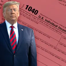 An image of Donald Trump overlaid onto an image of Form 1040: U.S. Individual Income Tax Return