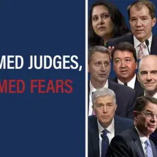 Headshots of various Trump-appointed federal judges over a blue background that states "Confirmed Judges, Confirmed Fears"