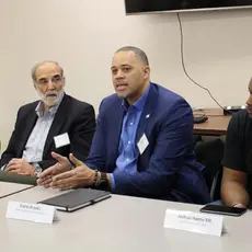 Bishop Mark Beckwith (Bishops United Against Gun Violence), Joshua Harris-Till (Young Democrats of America), Mallory Long (National Democratic Redistricting Committee), and Diallo Brooks (People For the American Way) speak on a panel in December 2019.