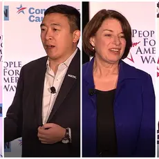 Presidential candidates Amy Klobuchar, John Delaney, Elizabeth Warren and Andrew Yang at the "We the People" democracy forum in Des Moines, Iowa.