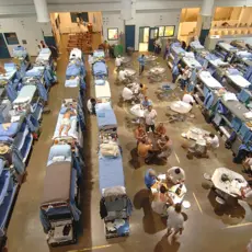 A birds-eye view of a crowded California state prison.