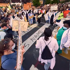 Protesters gather at Black Lives Matter Plaza in Washington D.C. to protest police brutality.