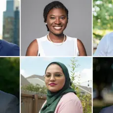 Headshots of six Next Up candidates Brandon Scott, Christian Menefee, Nancy Metayer, Ricky Hurtado, Nida Allam and Rebecca Mitchell.