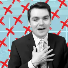 White supremacist Nick Fuentes in front of a blue background with red exes