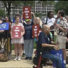 A Thursday, Aug. 3, 2023, rally is underway on the National Mall ahead of former President Donald Trump's historic arraignment in Washington, D.C.