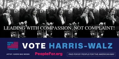 A piece of artwork with text reading "VOTE Harris-Walz"