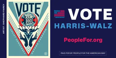 A piece of artwork with text reading "VOTE Harris-Walz"