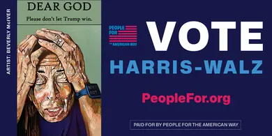 A piece of artwork with text reading "VOTE Harris-Walz"